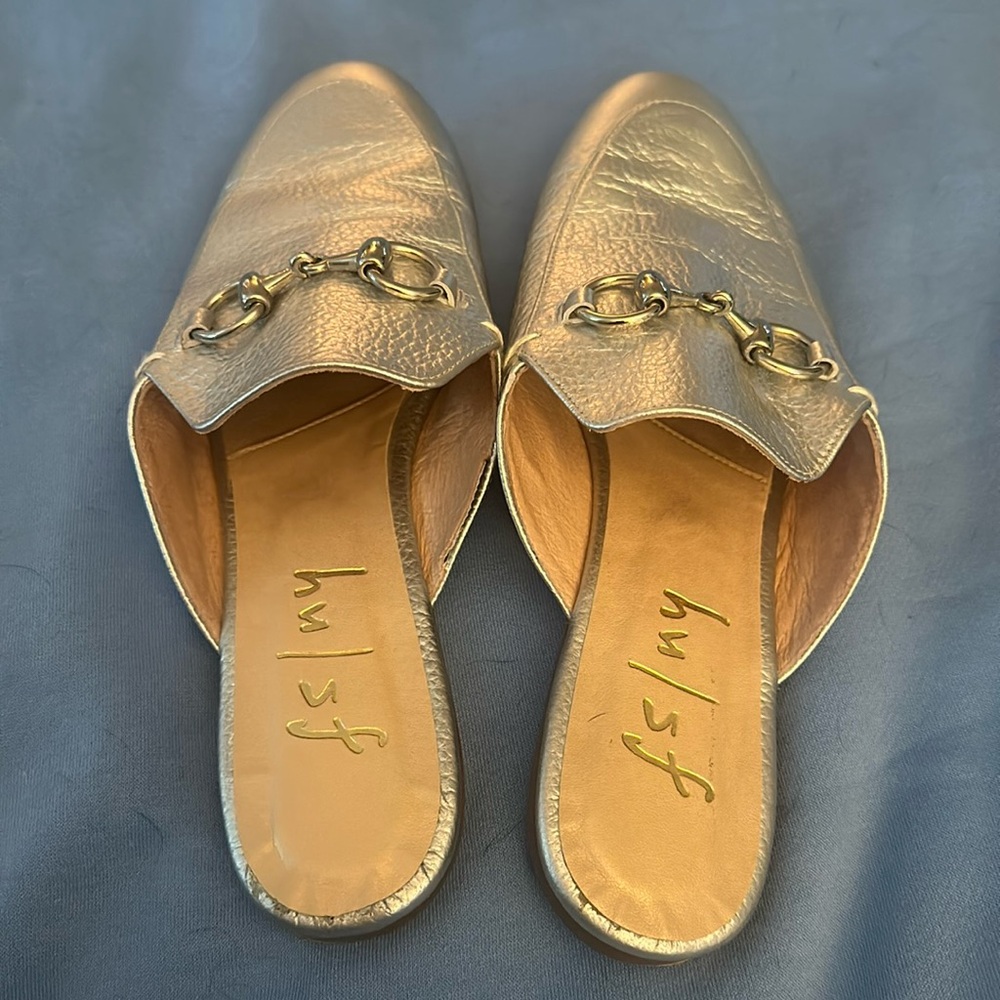 fs/ny silver leather horsebit mules size 8.5